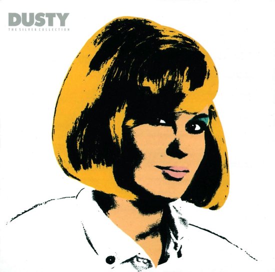 Een geabstraheerde illustratie van Dusty Springfield met een gele bob met pony en blauwe oogschaduw.