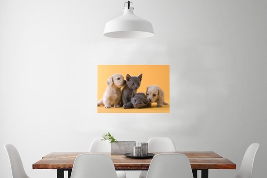 Une affiche représentant deux chiots de couleur claire et deux chatons gris est accrochée au-dessus d'une table à manger.