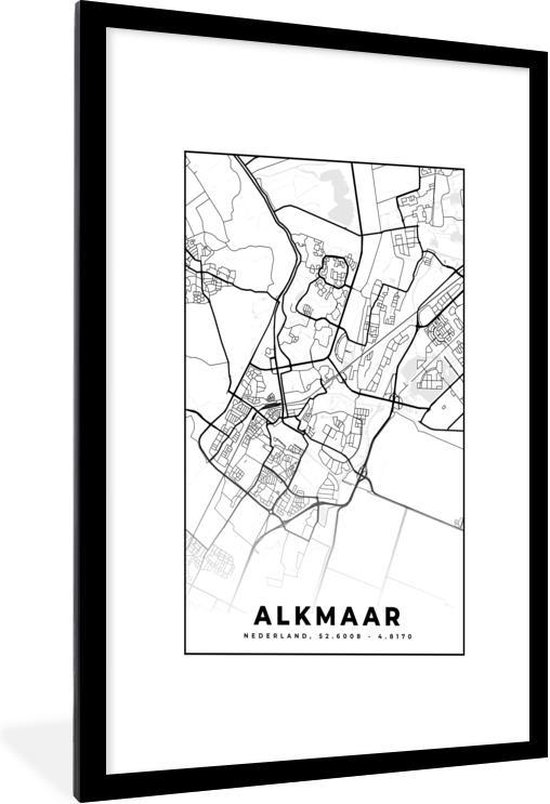 Fotolijst incl. Poster - Kaart - Alkmaar - Zwart - Wit - 60x90 cm - Posterlijst