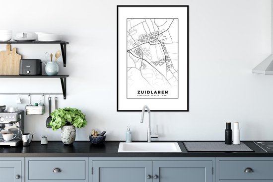 Affiche avec cadre Carte - Zuidlaren - Zwart - Wit - 60x90 cm