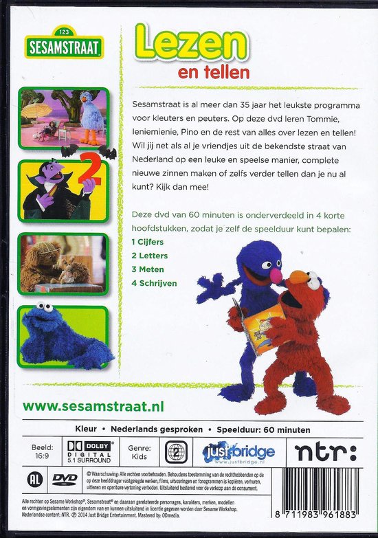 DVD hoes met Sesamstraat karakters Elmo, Koekiemonster, en Groovy. De tekst 'Lezen en tellen' staat prominent op de hoes.