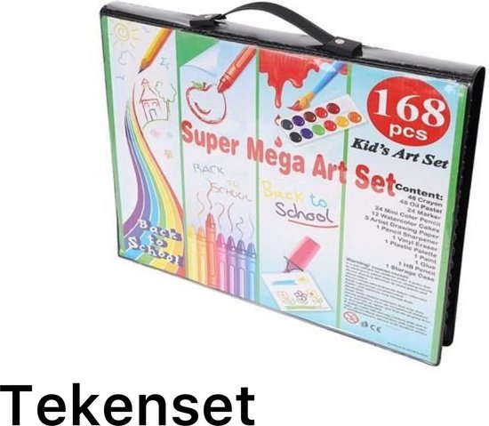 Foto: Artset voor kinderen 168 delig schilderset zwart tekenset kleurpotloden viltstiften oliepastels pastels aquarelverf