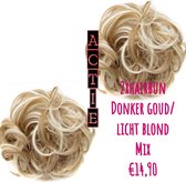 2x hairbun donker goud/licht blond SPAREN haarstuk crunchie hair extensions 45gram knotje
