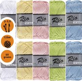 Ensemble de fil de coton mercerisé Rio - paquet de 10 pelotes aux couleurs de bébé doux fil au crochet jaune, vert, bleu et rose - taille d'aiguille 3 à 3,5 mm - boules de coton de 50 grammes - fil solide avec une belle brillance