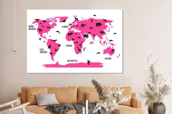 Décoration murale Métal - Peinture Aluminium - Wereldkaart Enfants - Rose - Animaux - 150x100 cm