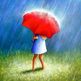 JJ-Art (Canvas) | Meisje met rode paraplu in regen voor in kinderkamer - woonkamer | Kleurrijk, vierkant, kind, meisjes kamer, rood, groen, blauw | Foto-Schilderij print op Canvas (canvas wan