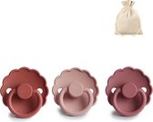 FRIGG | Fopspeen set 3 stuks | T1 | 0-6 maanden | Daisy | Silicone | Baked Clay + Blush + Dusty Rose | Met speenzakje