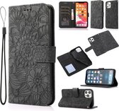 Skin Feel Reliëf Zonnebloem Horizontale Flip Leren Case met Houder & Kaartsleuven & Portemonnee & Lanyard Voor iPhone 12 Pro (Zwart)