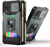 Voor Samsung Galaxy A12 Sliding Camera Cover Design PC + TPU Shockproof Case met Ring Holder & Card Slot (Donkergroen)