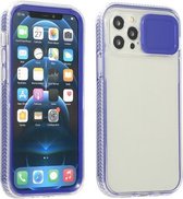 Sliding Camera Cover Design Schokbestendig TPU Frame + Clear PC Case voor iPhone 13 Pro Max (donkerblauw)