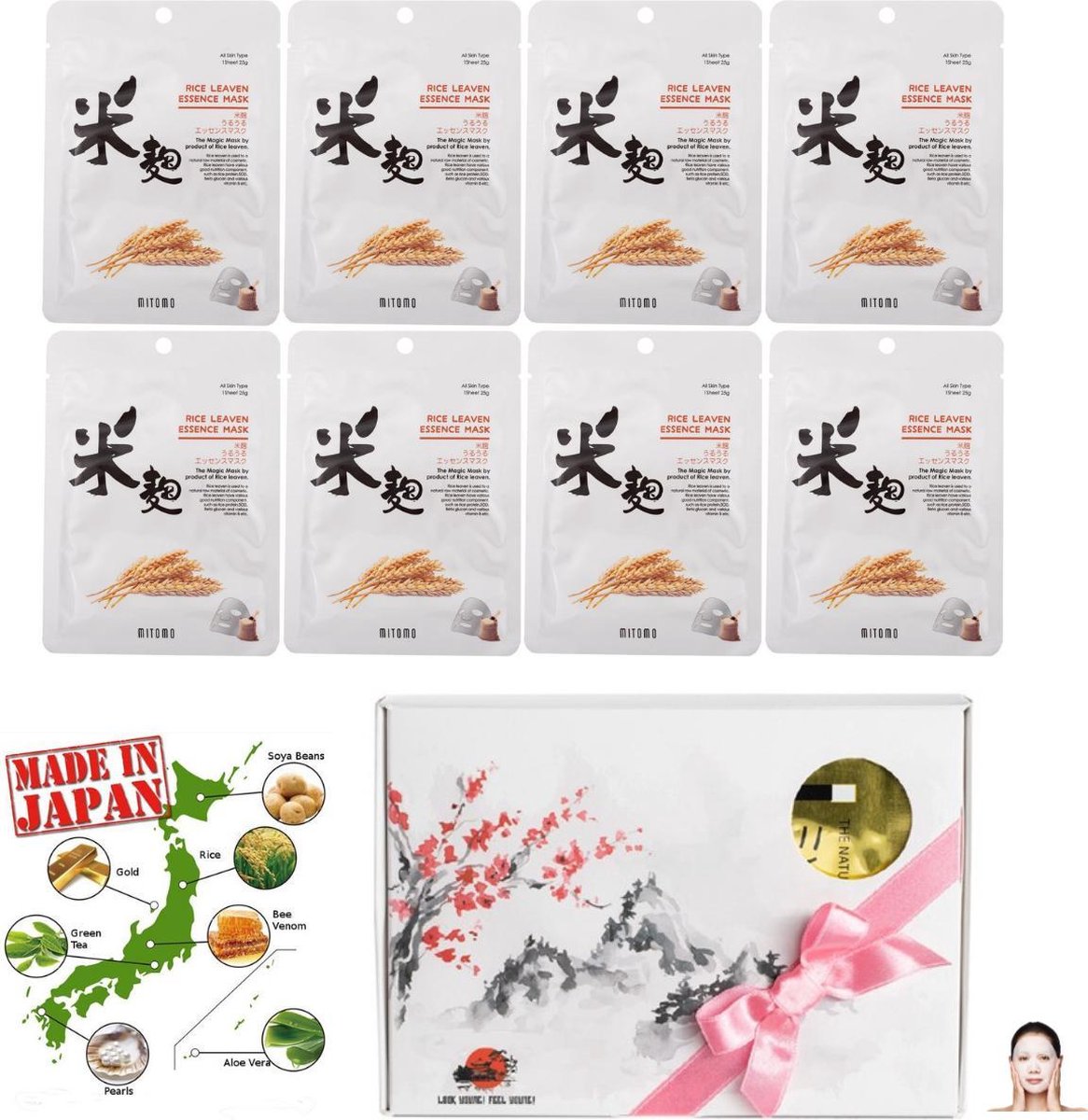 Mitomo Japan Rice Leaven Beauty Face Mask Giftbox - Japanse Skincare Rituals Gezichtsmaskers met Geschenkdoos - Masker Geschenkset voor Vrouwen - 8-Pack