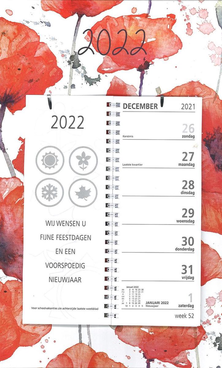 MGPcards - Omleg-weekkalender 2022 - Week begint op Zondag - Klaprozen - Rood