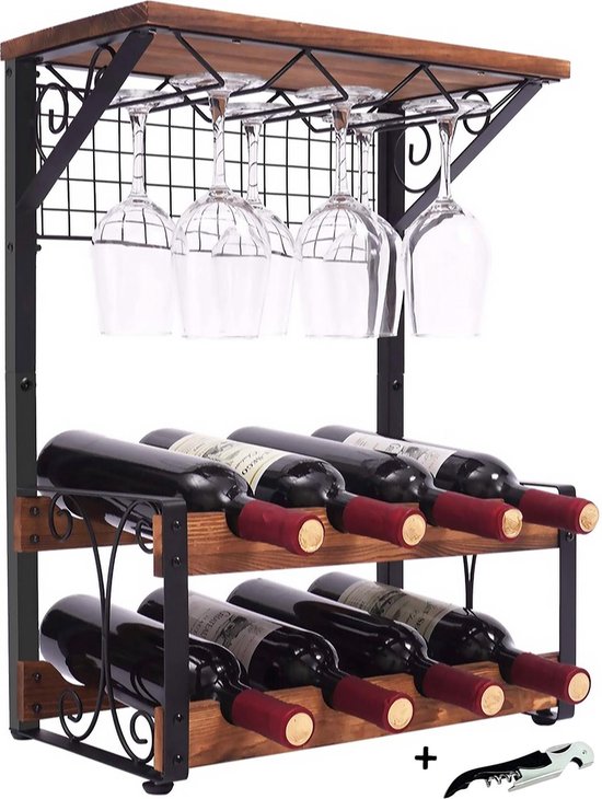 Luxergoods Wijnfleshouder - Wijnrek - Gratis Wijnflesopener - Voor 8 Flessen - Inclusief Wijnglazen Rek - Met Plank - Hout