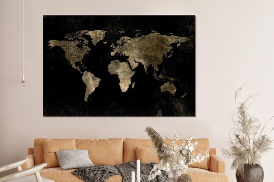 Décoration murale Métal - Peinture Aluminium - Carte du Wereldkaart - Zwart - Or - 150x100 cm