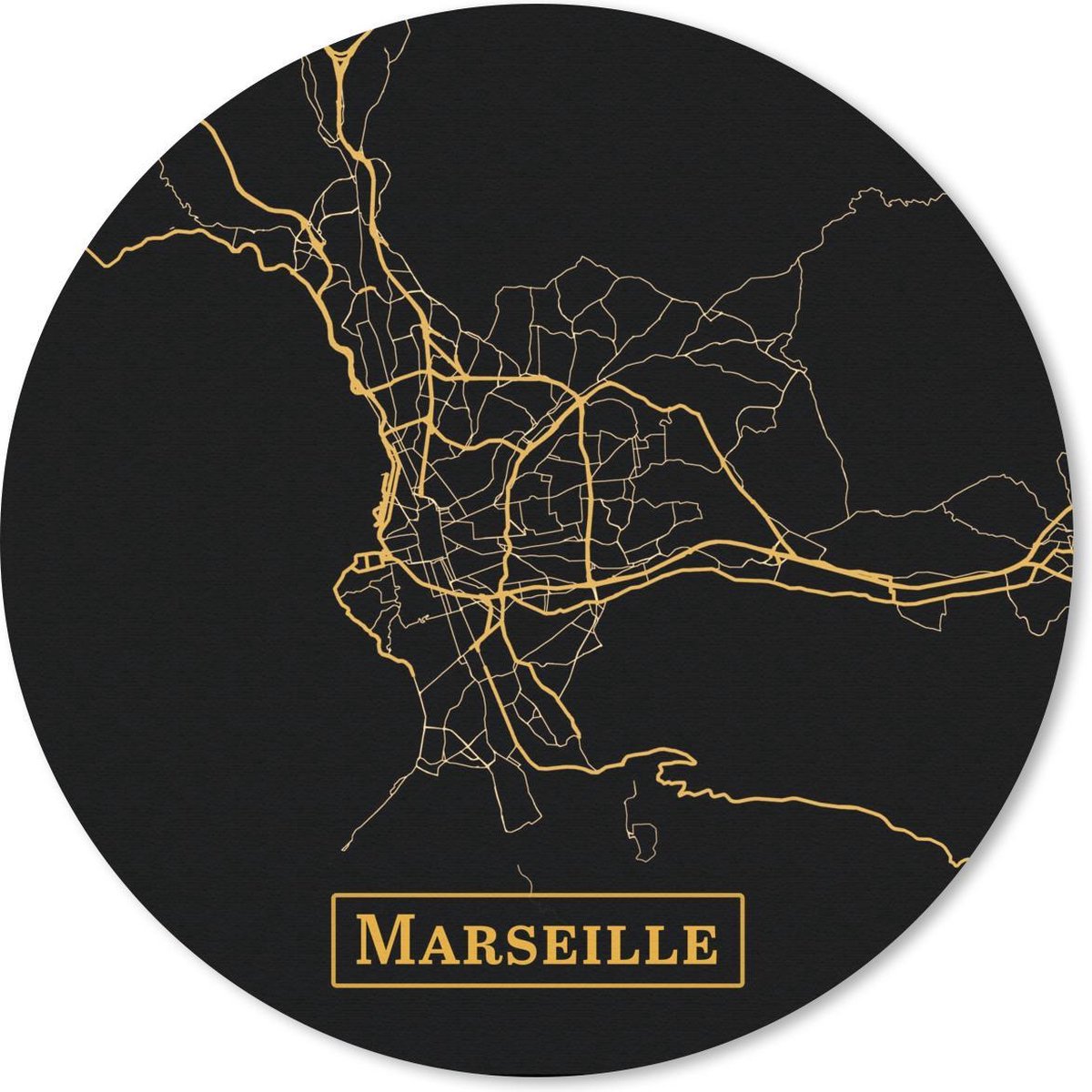 Muismat rond 30x30 cm - Mousepad Kaart - Marseille - Goud - Zwart - Ronde muismatten