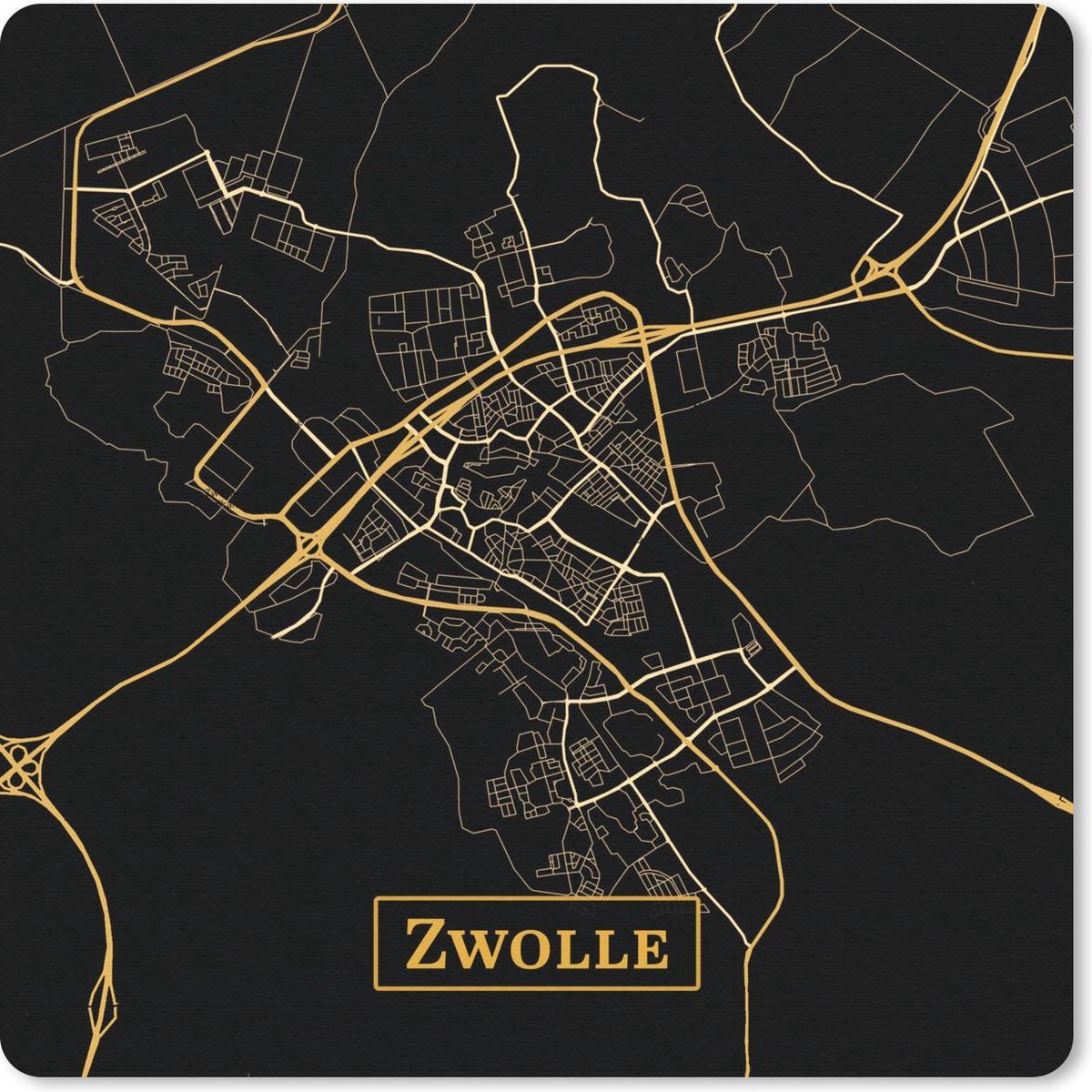 Muismat 20x20 cm - Mousepad Kaart - Zwolle - Luxe - Goud - Zwart - Muismatten