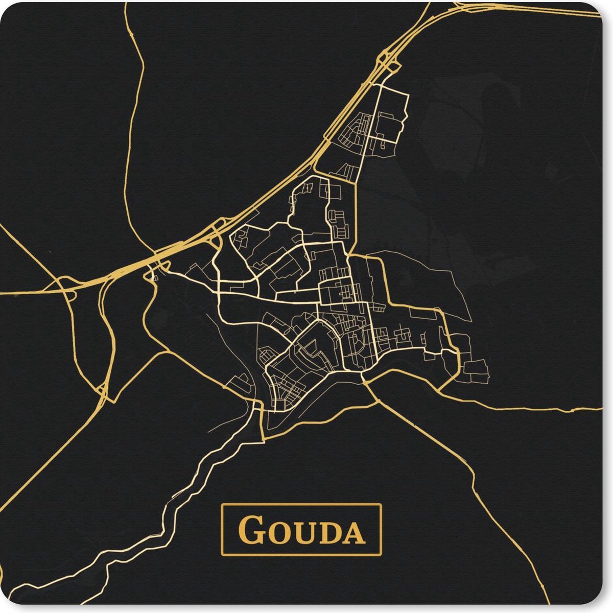 Muismat 20x20 cm - Mousepad Stadskaart - Gouda - Goud - Zwart - Muismatten