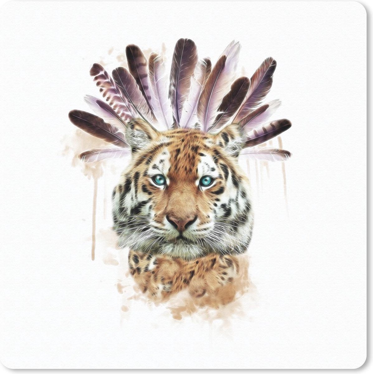 Muismat 20x20 cm - Mousepad Tijger - Wit - Kop - Muismatten