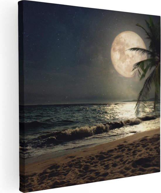 Artaza Canvas Schilderij Tropisch Strand In De Nacht Met Volle Maan - 70x70 - Foto Op Canvas - Canvas Print