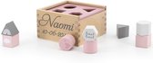 Kraamcadeau Hout Vormen sorteer doos roze gepersonaliseerd met naam