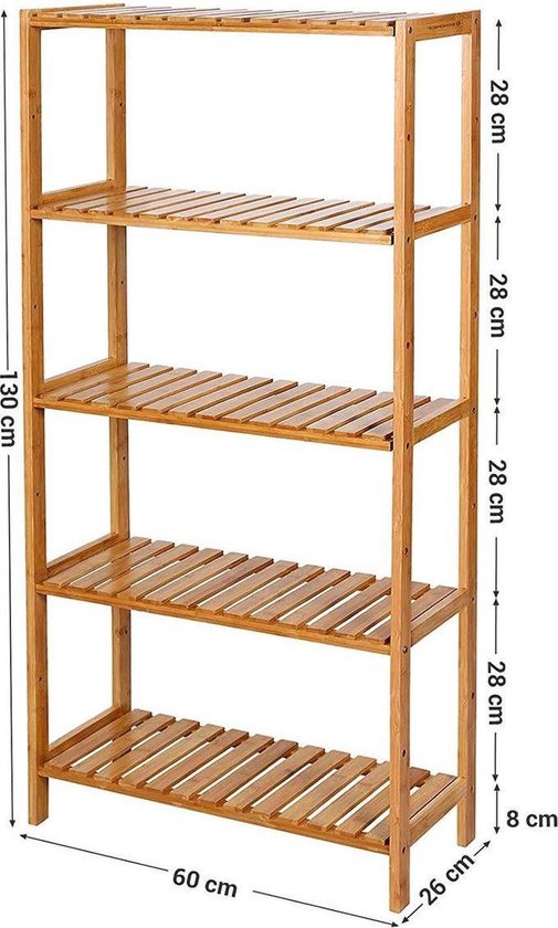 Een 5-laags bamboe opbergrek met afmetingen: 130cm hoog, 60cm breed en 26cm diep.