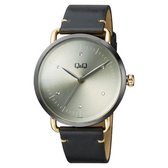 Mooi goudkleurig / antraciet design horloge van Q&Q model qb74j500y met zwart lederen band