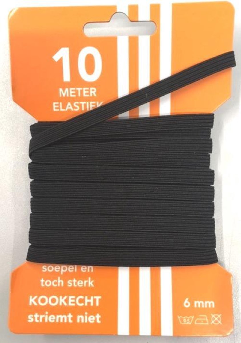 zwart. Super Elastiek. sma.l 6mm, directoire/band elastiek, 10 meter, zwart.