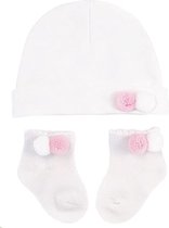 Soft Touch - Baby Geschenkset - Muts & Sokjes met Pompoms - Wit - Mt 56/62