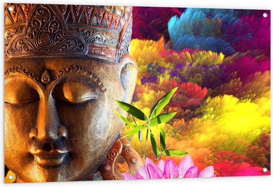 Tuinposter – Boeddha met Achtergrond van Gekleurde Bloemen - 120x80cm Foto op Tuinposter  (wanddecoratie voor buiten en binnen)