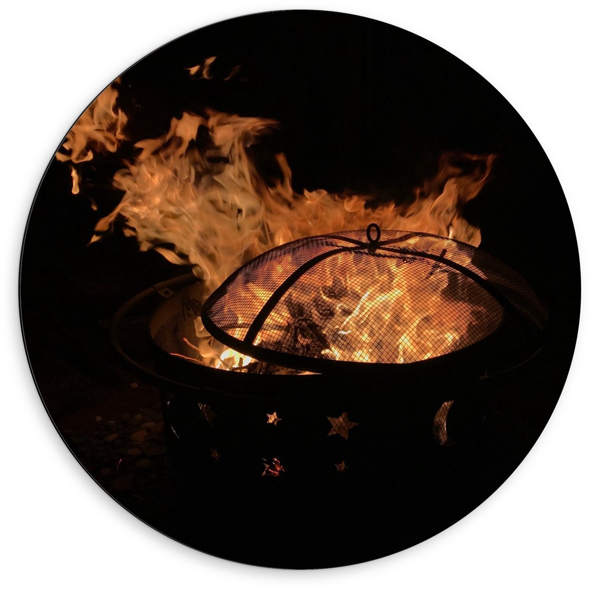 Dibond Wandcirkel - Vuurkorf - 60x60cm Foto op Aluminium Wandcirkel (met ophangsysteem)