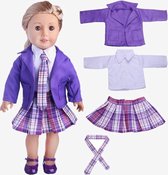 Dolldreams | Schooluniform voor poppen - Kledingset schoolmeisje paars - poppenkleding past op pop tot 43CM