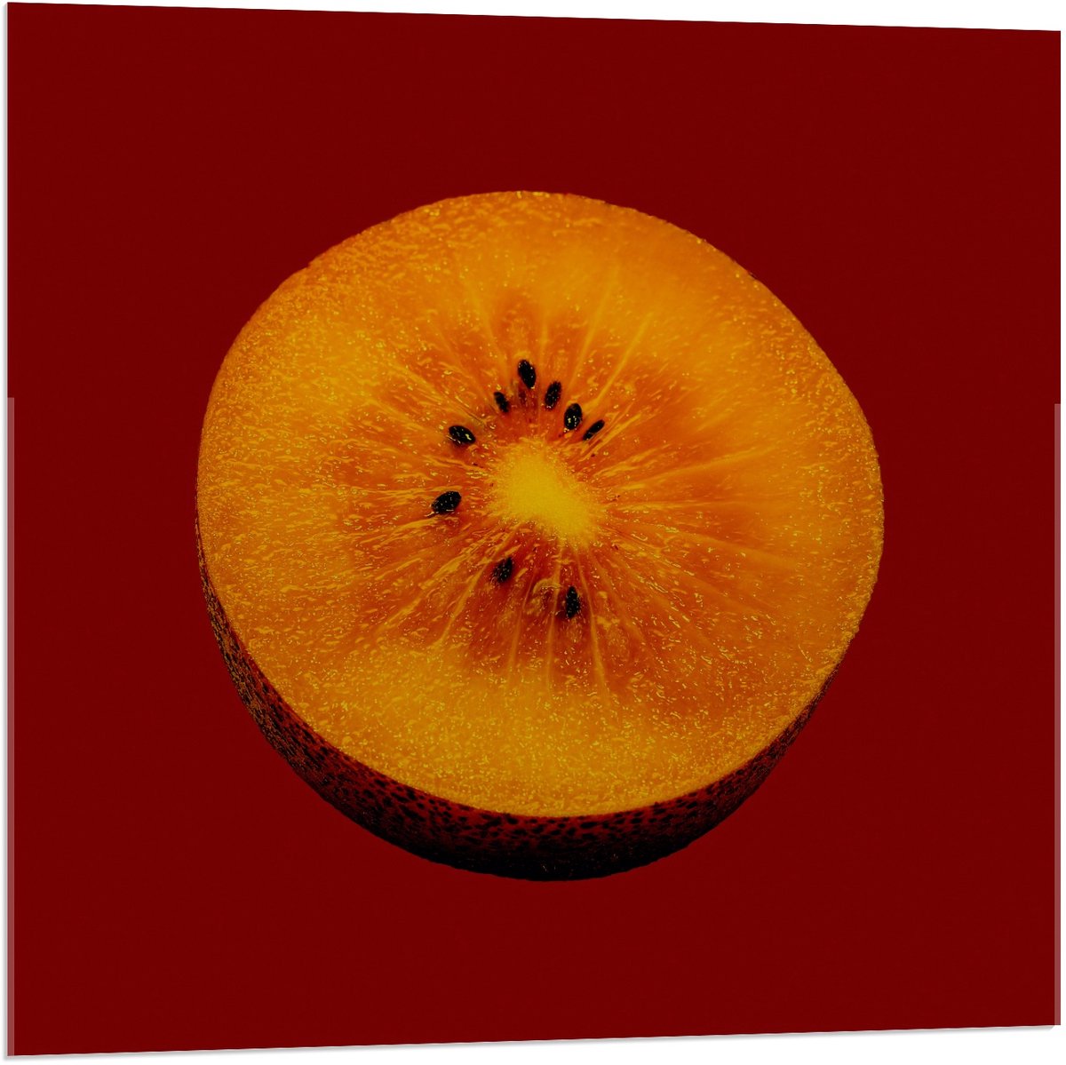 Acrylglas - Gele Kiwi op Rode Achtergrond - 80x80cm Foto op Acrylglas (Wanddecoratie op Acrylglas)