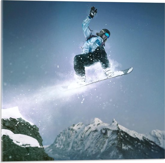 Acrylglas - Vliegende Snowboarder  - 50x50cm Foto op Acrylglas (Wanddecoratie op Acrylglas)