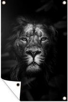 Tuinposter - Tuindoek - Tuinposters buiten - Portret van een leeuw in de jungle - zwart wit - 80x120 cm - Tuin