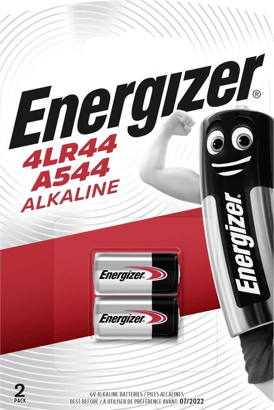 Pack de 2 piles alcalines Energizer 4LR44 A544 6V avec figurine de pile cartoon.