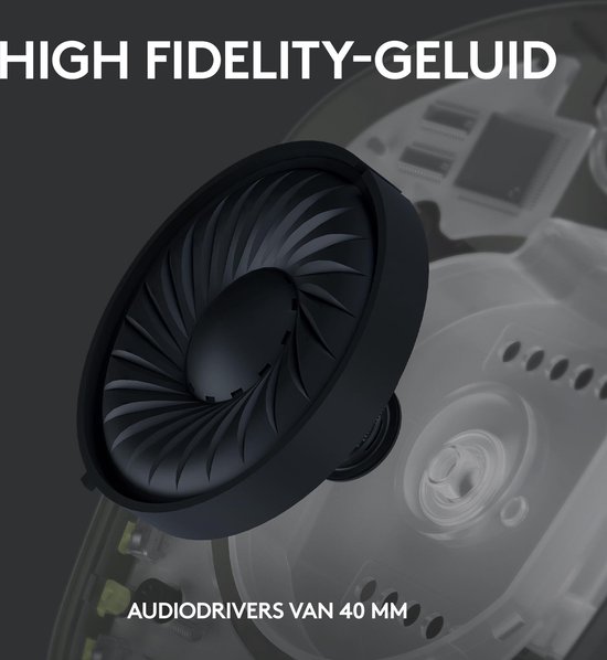 Gros plan des composants audio de 40 mm à l'intérieur du casque G435 noir.