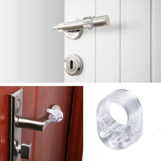 Butées transparentes pour poignées de porte sur des poignées de porte en métal et en bois. Gros plan d'une butée.
