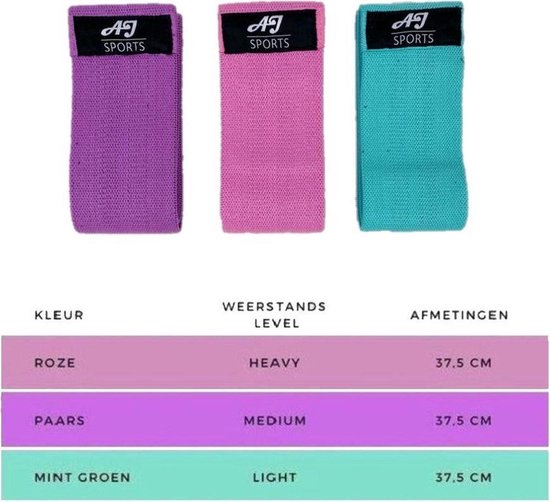 AJ-Sports Weerstandsbanden - Booty Band - Resistance band - Fitness elastiek - Paars/Roze/Cyaan - set van 3 - Fitness - Inclusief handleiding en draagtas