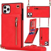 Cross-body rits vierkante TPU + PU achterkant van de behuizing met houder en kaartsleuven en portemonnee en riem voor iPhone 11 Pro (rood)