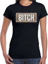 Bitch t-shirt met panterprint - zwart - dames - fout fun tekst shirt / outfit / kleding M