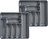 Set de 2 range-couverts/porte-couverts en plastique 7 compartiments gris 42 x 39 cm - Tiroir de cuisine/rangement tiroir à couverts