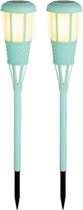 2x stuks solar tuinfakkel/tuinlamp turquoise op zonne-energie 61 cm - Prikspots tuinverlichting