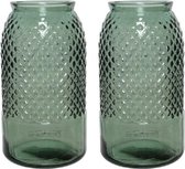 2x stuks groene vazen/bloemenvaas gespikkeld motief van gerecycled glas 15 x 28 cm - Glazen vazen voor bloemen en boeketten