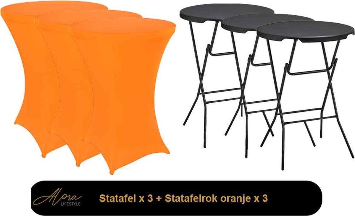 Alora 3x zwarte Statafel + oranje Statafelrok x 3 – 80 cm Dia x 110 cm hoog – Cocktailtafel – Hoge staan tafel – Breed Blad – Inclusief oranje Statafelhoes – Staantafelrok Stretch R