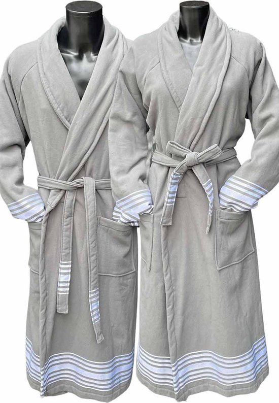 Hamam badjas katoen – sauna badjas hamam voor dames & heren unisex – sjaalkraag – hammam ochtendjas kamerjas - grijs L/XL