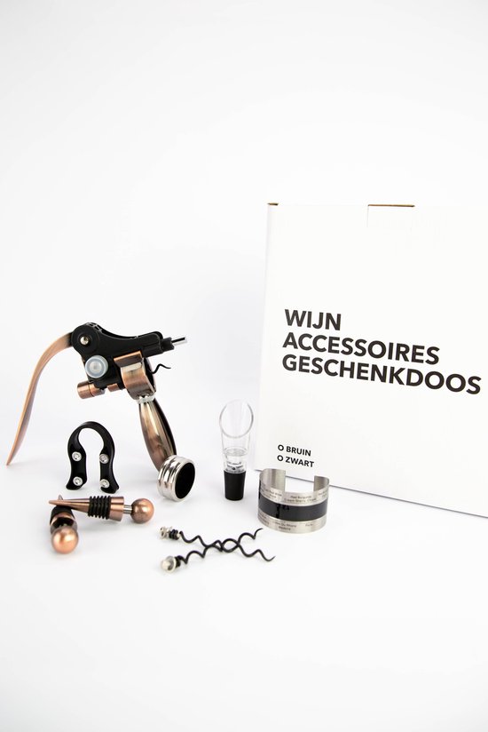 MD-Goods ® Kurkentrekker + Wijn accessoires Giftbox – Wijnopener set – Flesopener – Schenktuit – Corkscrew – Cadeautip – Leder – Zwart