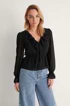 NA-KD Frill V-Neck Chiffon Dames Blouse - Maat 36