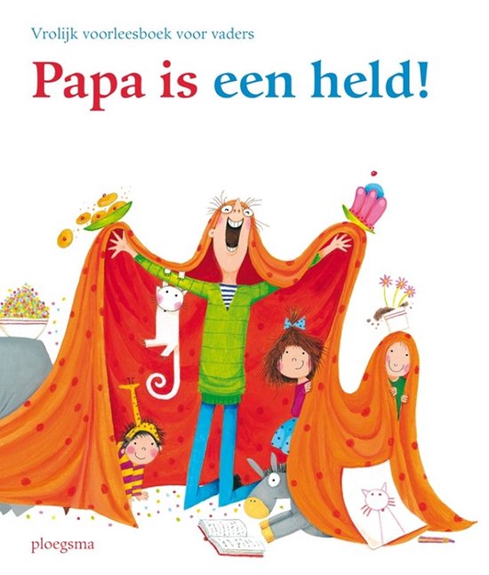 Een man met een groene trui, die met twee kinderen en een ezel onder een oranje deken staat.