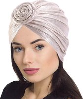 Tulband - Head wrap - Chemo muts – Haarband Damesmutsen - Glans - Tulband cap - Hoofddeksel - Beanie- Hoofddoek - Muts - Beige - Hijab - Slaapmuts - Hoofdwear