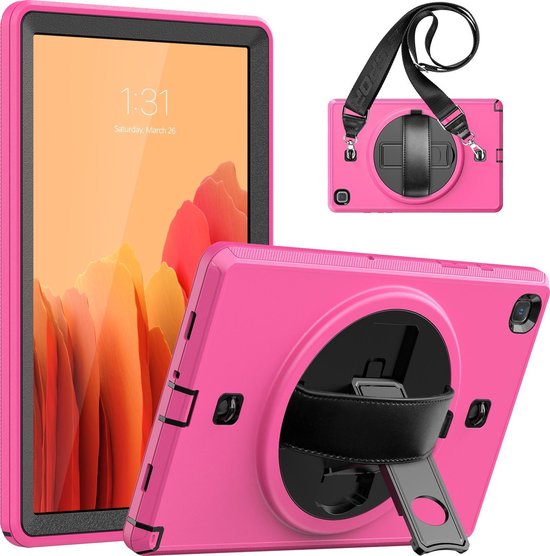 Case2go - Tablet Hoes geschikt voor Samsung Galaxy Tab A7 10.4 (2020) - Hand Strap Armor - Rugged Case met schouderband - Magenta